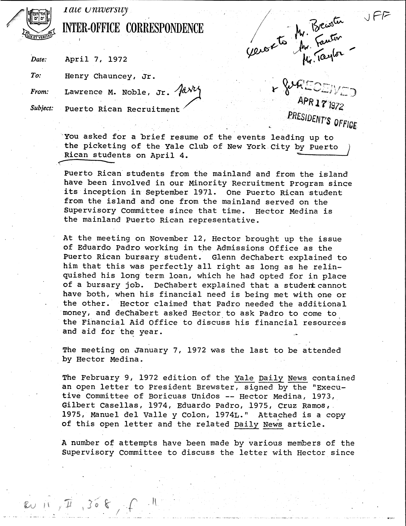 Yale inter-office memo, April 7, 1972 (1 of 3)